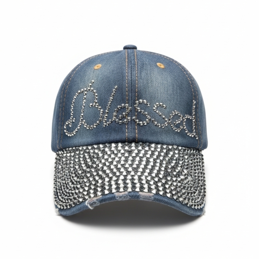 Rhinestone 'Blessed' Denim Baseball Cap - Blue